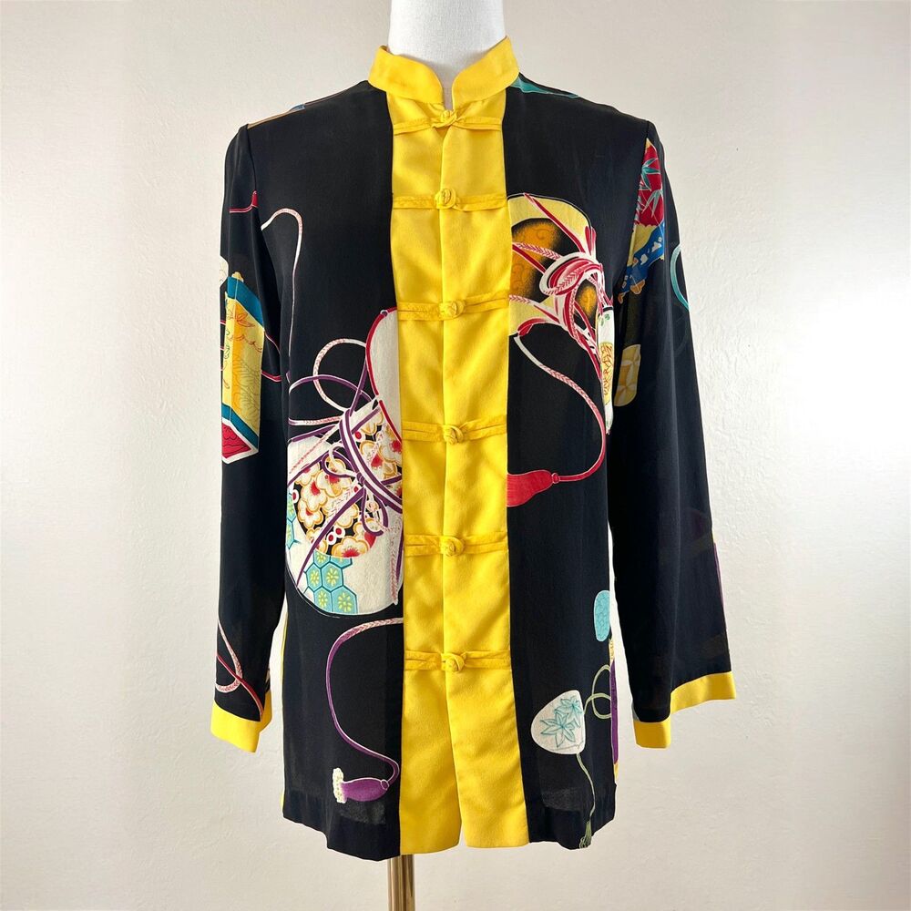 Anne Namba 100% Japanese Silk Long Sleeve Tunic Mandarin Collar Frog Closures XS